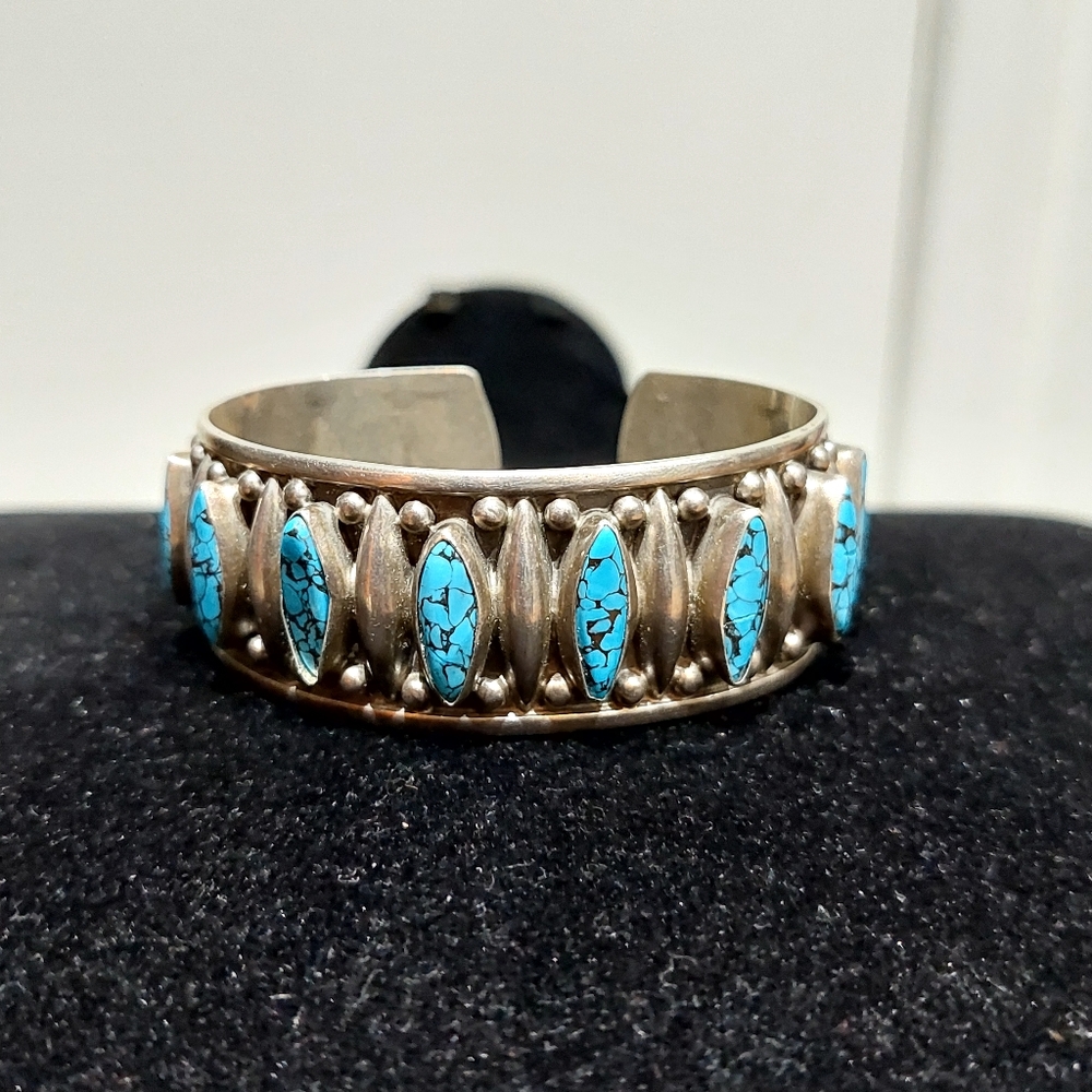 Vintage Mexico 925 Turquoise Cuff Bracelet - Picture 5 of 9